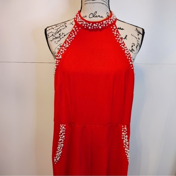 Red Jumpsuit with pearl and plunging back - Picture 6 of 9